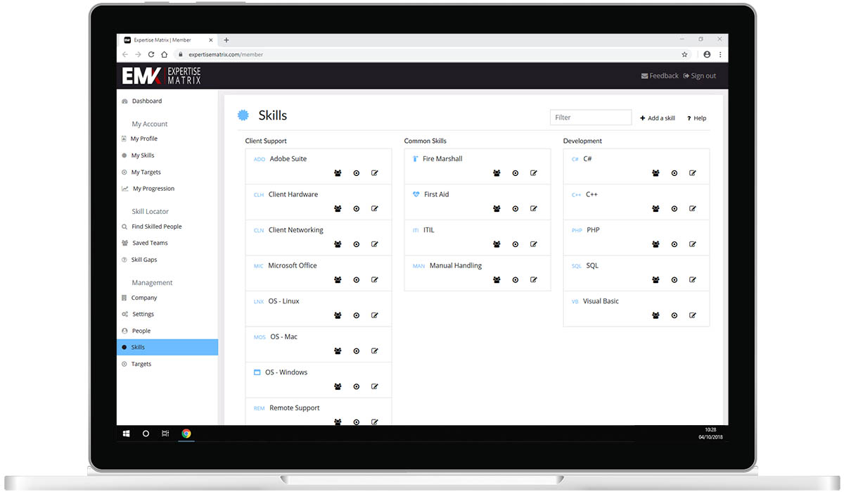 Screenshot of Expertise Matrix Skill List